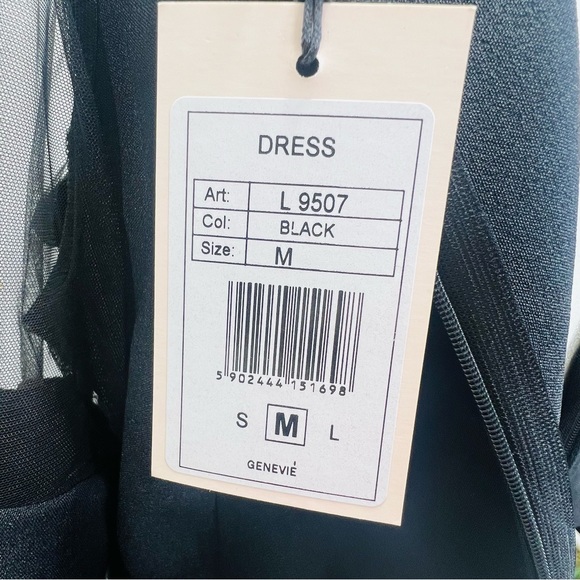 GENEVIE Black Mini Dress Gold & Sheer Bell Sleeve Dress NWT Size Small Medium - Picture 12 of 14